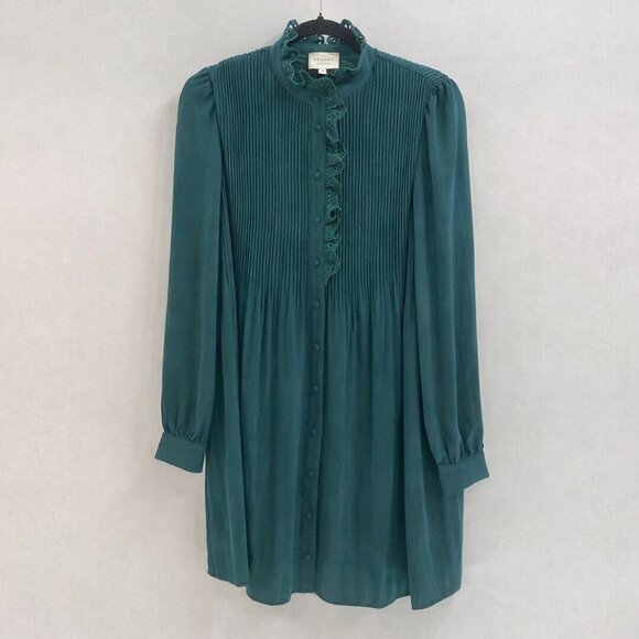 Sézane Camelia Bottle Green Lace Pleated Mini Dress Long Sleeve US 6/Fr 38 - Picture 2 of 7
